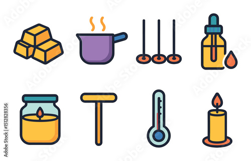 Candle making essentials icon set in flat style. wax crafting and diy symbols
