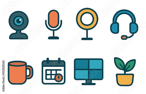 Zoom setup flat icon set. video call and meeting essentials symbols