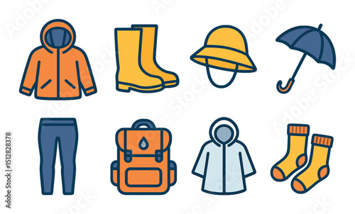 Rainy weather flat icon set: wet weather gear, rain accessories, rainy day essentials