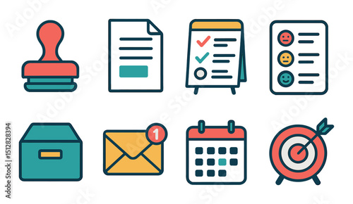 Business meeting outcome icon set. flat style planning and organization symbols