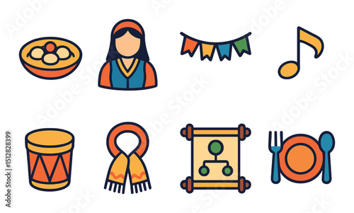 Cultural celebration icon set: flat style for festival, tradition, and holiday themes