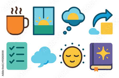 Morning reflection flat icon set. sunrise, contemplation, and meditation symbols