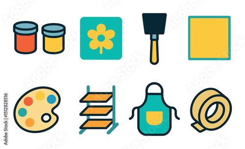 Painting and crafting flat icon set. art tools and diy project symbols