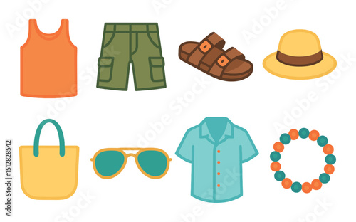 Summer casual flat icon set: leisure, fashion, and vacation style symbols