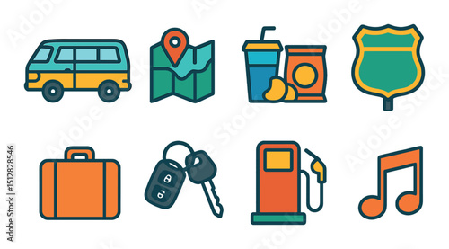 Road trip flat icon set. journey, adventure symbols for travel and exploration
