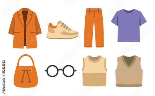 Fashion flat icon set. modern apparel and accessories symbols for trendy design