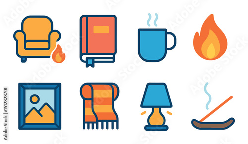 Cozy solitude icon set in flat style. relaxation and comfort symbols