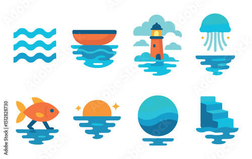 Ocean-themed flat icon set. marine, sea life, and nautical design symbols