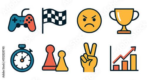 Sibling rivalry flat icon set. competition and challenge symbols for teamwork