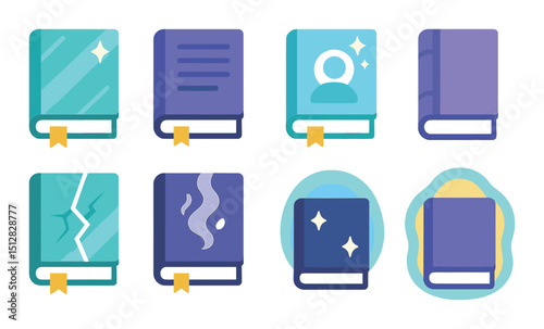 Magic book flat icon set. enchanted and fantasy storytelling symbols