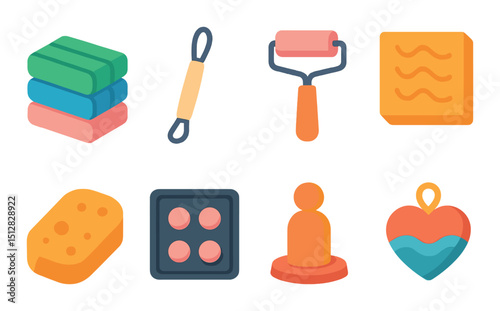 Clay modeling flat icon set. pottery and sculpting tools simplified