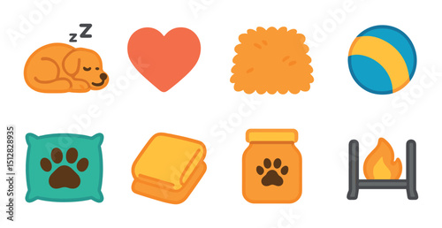 Pet comfort icon set in flat style. coziness and relaxation symbols for pet lovers