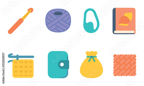 Crochet essentials icon set: flat style, yarn and needle craft symbols