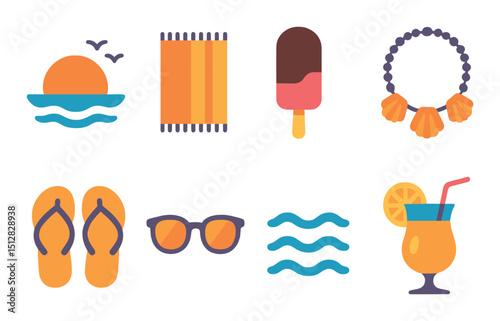 Beach vacation silhouette icon set. summer holiday and seaside leisure symbols