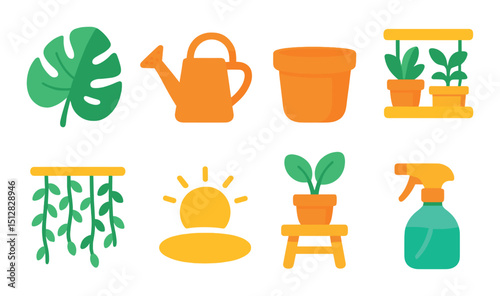 Plant care flat icon set. gardening and green thumb symbols for eco enthusiasts