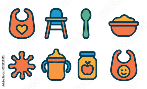 Baby mealtime icon set in flat style. feeding and food baby care symbols
