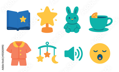 Bedtime ritual icon set in flat style. sleep aid and nighttime routine symbols