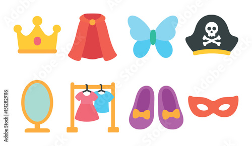Dress up closet flat icon set. costume, fashion, outfit accessories symbols