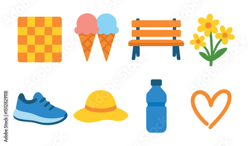 Park and recreation flat icon set. leisure and outdoor activity symbols