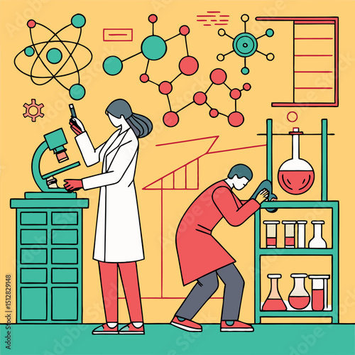 Maximalist Vector Illustration of a Vibrant Medical Lab with Diverse Color Palette and Scientists  