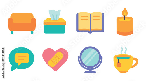 Therapy and healing icon set: flat wellness, relaxation, and mindfulness symbols