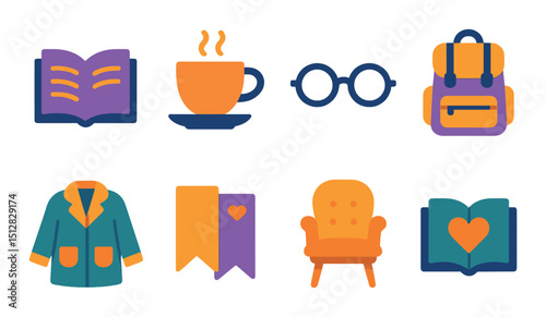 Bookstore moments icon set: flat, simple symbols for reading, coffee, and study