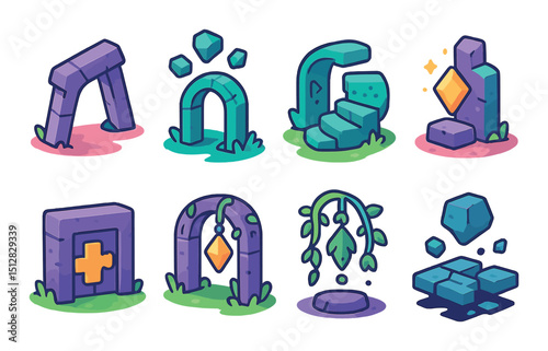 Whimsical ruins icon set: flat style symbols for fantasy and mythical themes