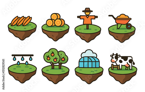 Floating farm flat icon set. agriculture, farming landscape, and farming symbols