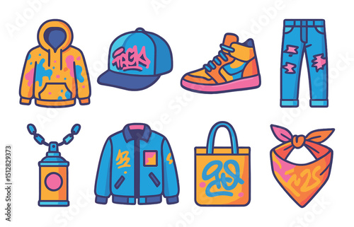 Graffiti style flat icon set. street art and urban design symbols