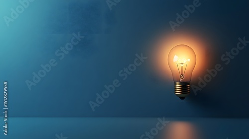 Illuminated light bulb against a blue backdrop.