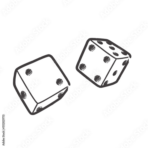 Black and white cartoon drawing of a 3D dice. Drawing for classic casino themes or minimalist gambling designs