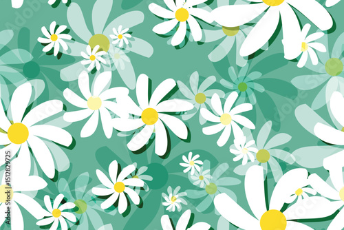 Seamless floral pattern with White daisy camomiles, perfect for spring and summer nature-inspired designs Green Background