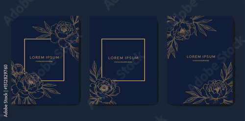 Vector set of golden flower vintage cards, elegant leaf line frames, japanese style invitations. Memory, funeral templates, greeting luxury 