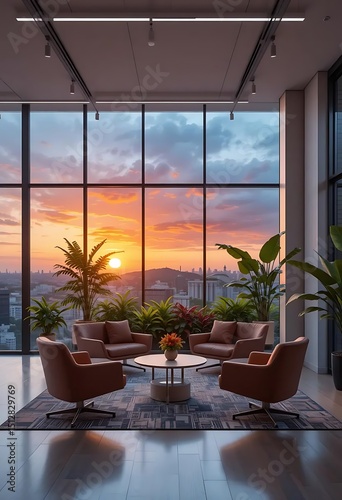 Serene rooftop lounge at sunset with city view and modern furnishing