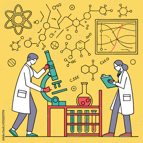 Intricate Medical Research Lab Vector Art Featuring Scientists and Colorful Chemical Reactions  