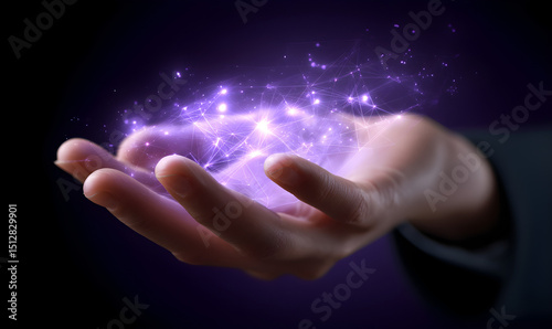 Hand holding digital network connection technology with glowing light effect concept design art