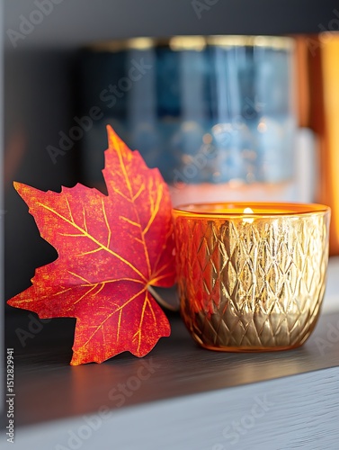 Autumn candle and leaf photo
