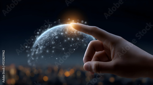 Hand touching digital globe technology innovation futuristic world connection network concept