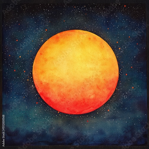 Watercolor painting of a large, vibrant orange and yellow celestial body, reminiscent of a full moon or planet, set against a dark blue night sky speckled with tiny stars