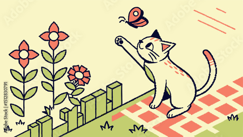 Retro Gaming Aesthetic Pixel Art Illustration of a Cat Chasing a Butterfly in a Geometric Garden  