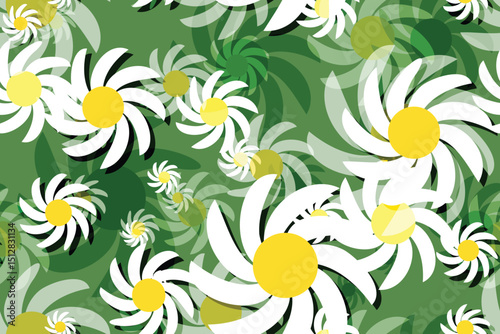 Seamless floral pattern with White daisy camomiles, perfect for spring and summer nature-inspired designs Green Background