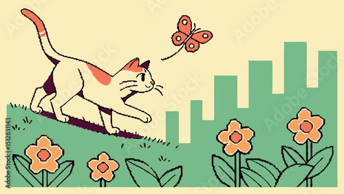 Charming Retro Gaming Style Pixel Art Cat and Butterfly Chase Scene in a Geometric Garden Setting  