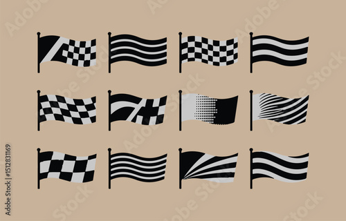Collection of twelve different racing flags in black and white including checkered flags striped flags and flags with unique patterns against a neutral background perfect for racing themes