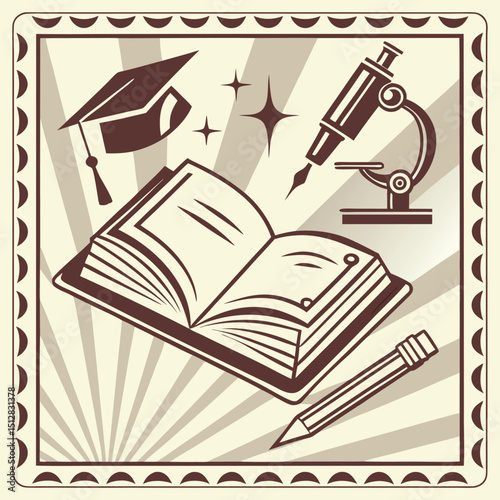 Classic Typography Vector Art of Open Book with Stylized Academic Symbols and Vintage Background  