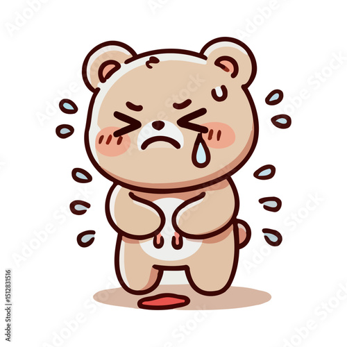 Crying Cartoon Bear Character Expressing Stomach Pain and Distress Isolated on White Background