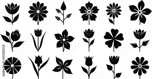 Set of flower silhouette vector clip arts isolated on transparent background, perfect for floral designs, invitations, logos, nature projects, and decorative artwork.