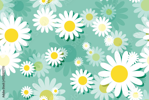 Seamless floral pattern with White daisy camomiles, perfect for spring and summer nature-inspired designs Green Background