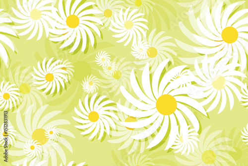 Seamless floral pattern with White daisy camomiles, perfect for spring and summer nature-inspired designs Green Background