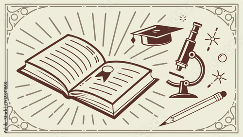 Nostalgic Intellectual Vector Illustration of Open Book with Vintage Patterns and Symbols  