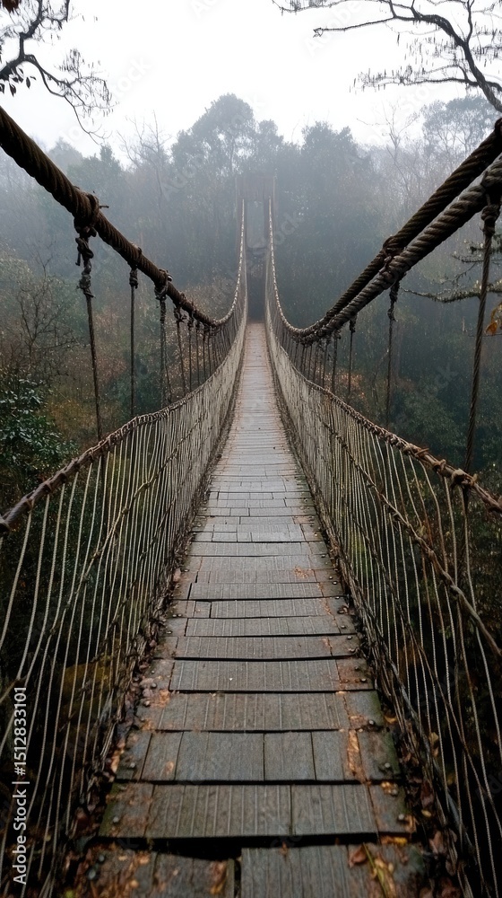 Obraz premium A rustic rope suspension bridge stretches across a misty valley, its wooden planks leading into a fog-shrouded forest